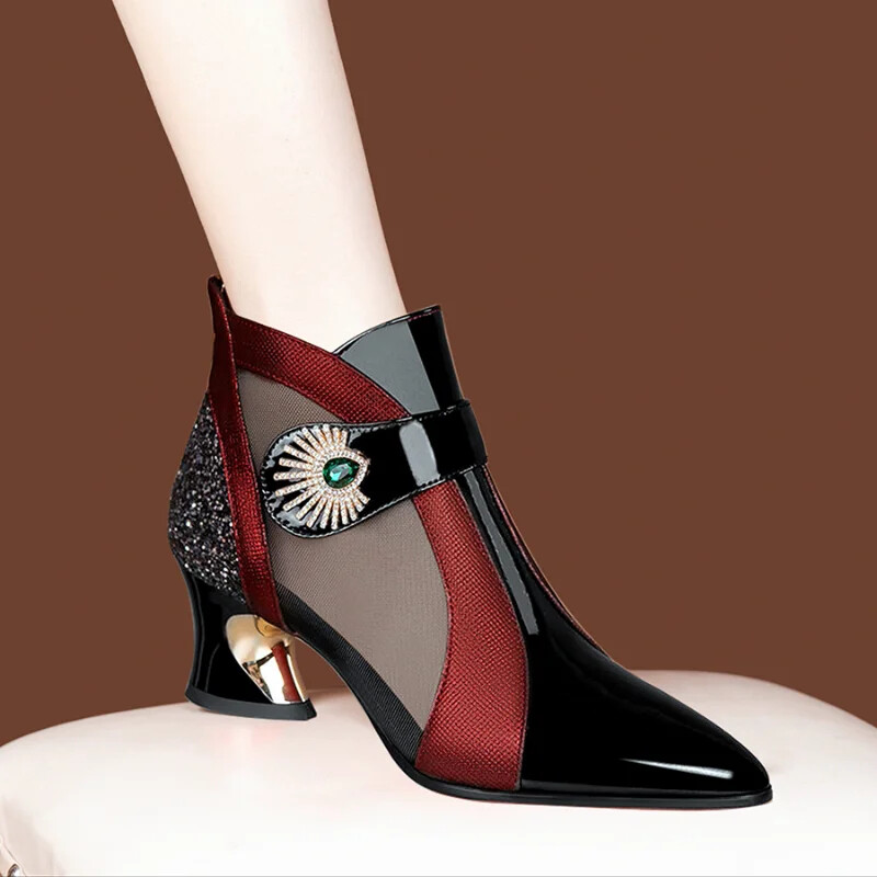 Sandalias transpirables de malla de verano con diamantes de imitación decoración tacones en forma botas de cuero