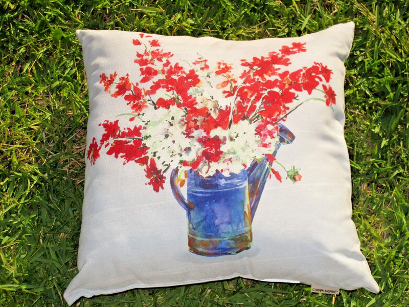 Flowers Watering Can Climaweave Indoor/Outdoor Pillow Spring Floral Red Blue 18"