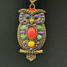 ZAD Owl Pendant Necklace Multicolored Stones Accents Gold Tone Chain