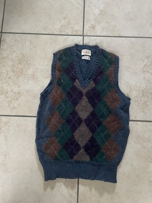 Alan Paine 70s Argyle shetland Wool Knit Sweater Vest Green Brown V-Neck Men 36