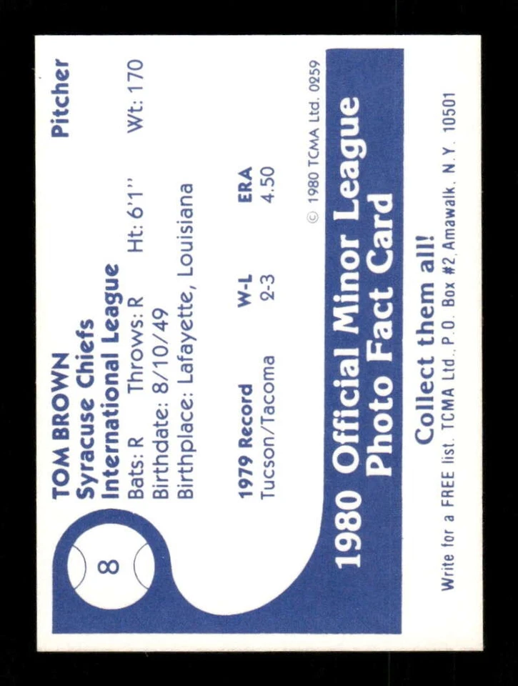 1980 TCMA Syracuse Chiefs 8 Tom Brown BXCP11 - Image 2 of 2