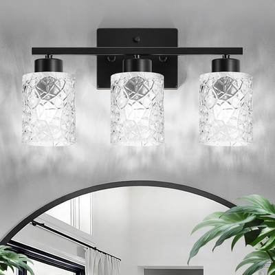 3-Light Bathroom Light Fixtures,Modern Black Iron Vanity Light with Clear Textur
