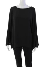 H Halston Women's Round Neck Long Sleeves Beaded Sheer Blouse Black Size M