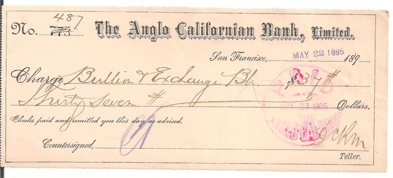 #A1365 Anglo Californian Bank San Francisco 1895 Bullion & Exchange Bank NEVADA