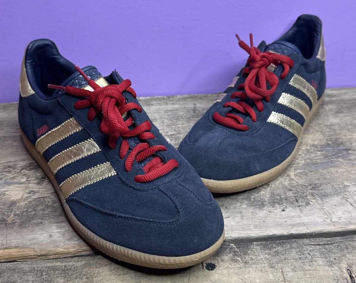 Adidas Dark Blue Suede Metallic Gold Accents Red Branding/laces