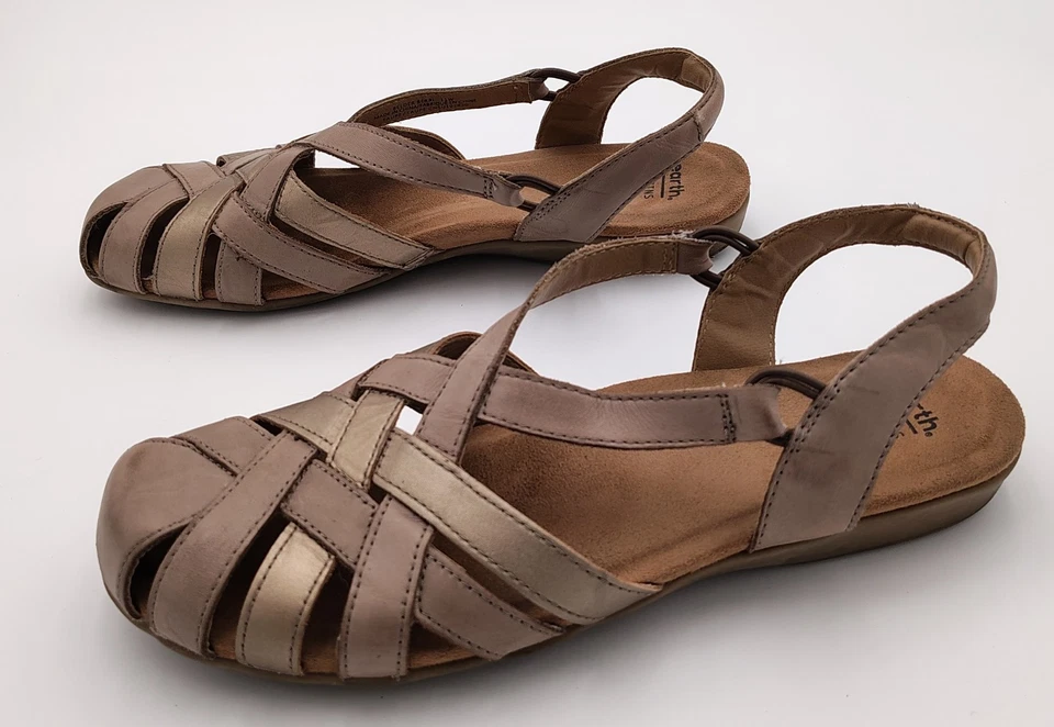 Sandalias de pescador de cuero Earth Origins talla 11W marrón/dorado zapatos con honda trasera Foto 4 de 4