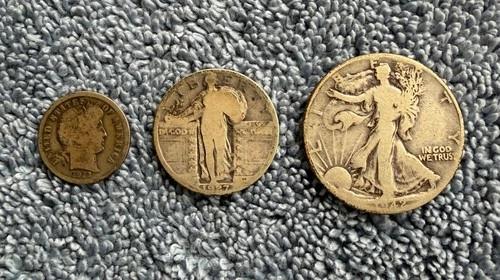 1942-P Walking Liberty Half + 1927 Standing Liberty Quarter & 1913 Barber Dime