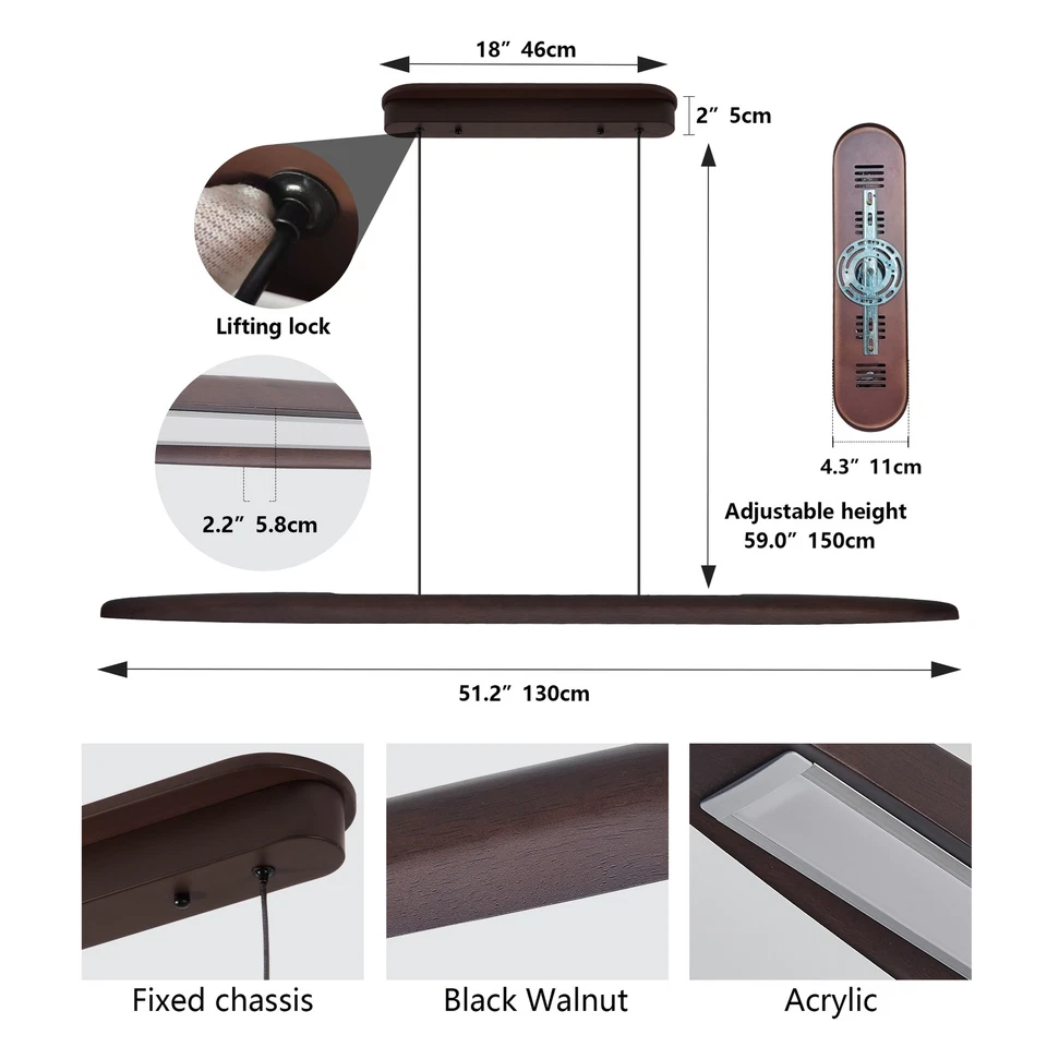 51" Walnut Wood Pendant Light Modern LED Hanging Lamp Chandelier Fixtures Remote - Image 2 of 4