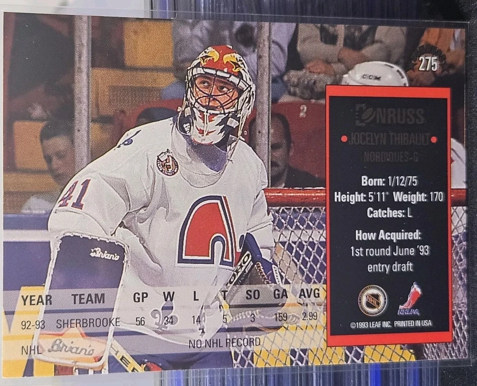93-94 Leaf Donruss Jocelyn Thibault Rookie 🚨🚨🚨 Quebec Nordiques  - Image 2 of 2