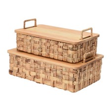 Stackable Hyacinth Baskets with Oak Lids, Natural, Set of 2