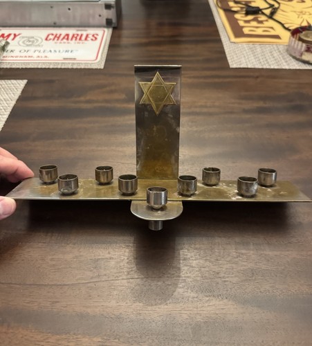 Rare Antique Brass Jewish Hanukkah Menorah 9-Light Candle Holder Import France