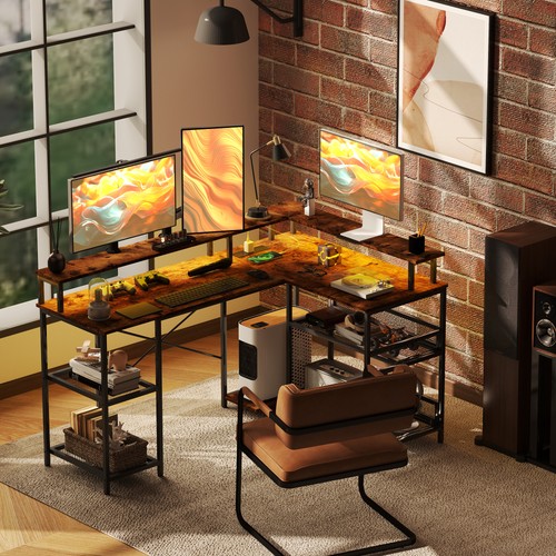 HOMCOM L Shaped Gaming Desk w/ LED Lights and Power Outlets for Small Space - Picture 10 of 11