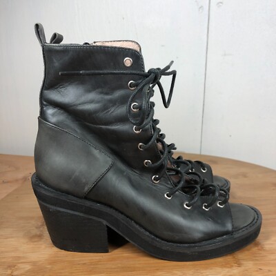 Jeffrey Campbell Boots Womens 6 M Meriwidow Black Leather Lace Up Chunky Block