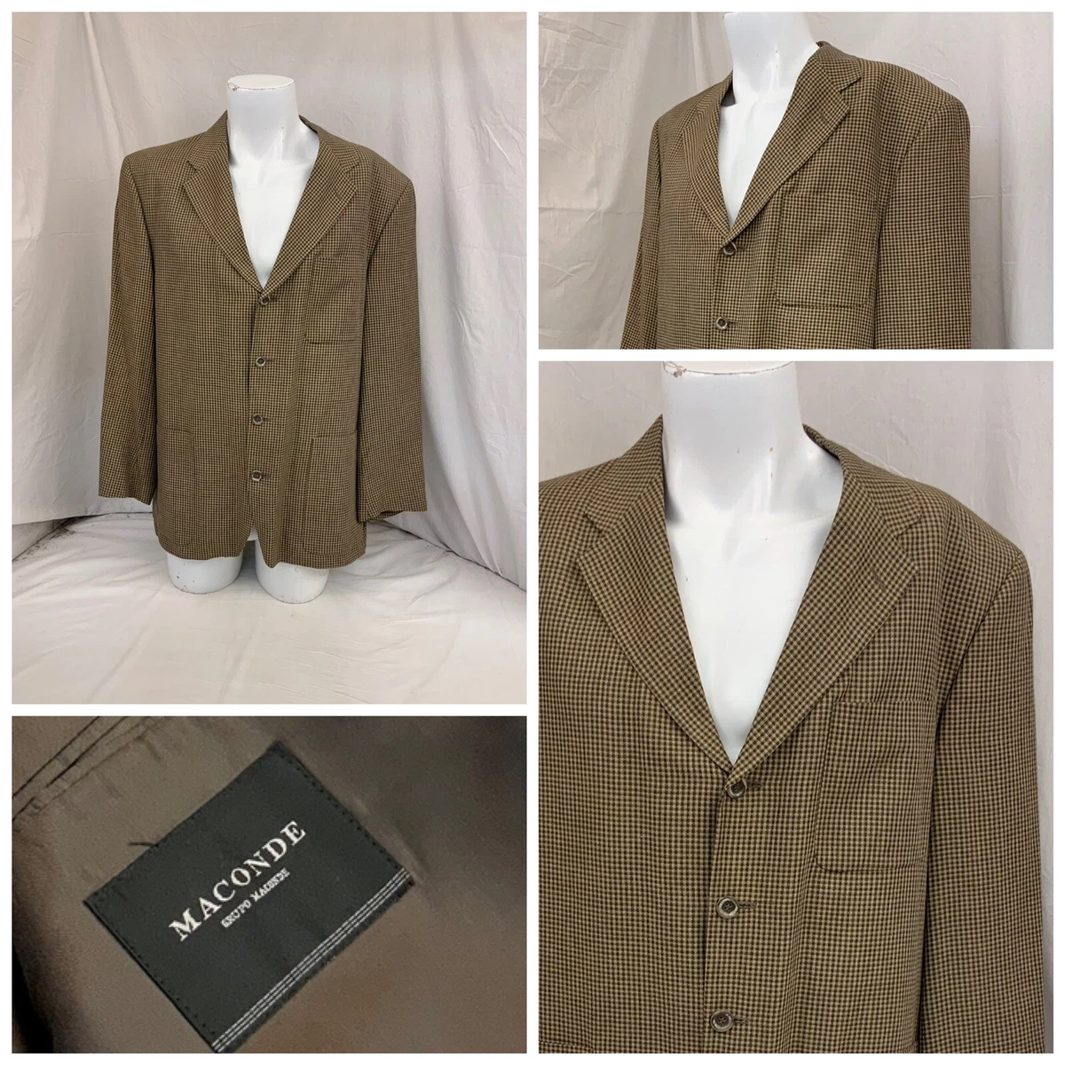 Maconde Blazer 42R Brown Check Rayon Linen 4Btn Made in Portugal 
