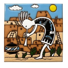 VTG Earthtones Kokopelli Mystery Ceramic Tile Trivet 1995 Southwest Decor 6x6