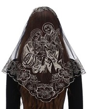 Triangle Lace Church Veil - Traditional Black Gold Holy Family Embroidered La...
