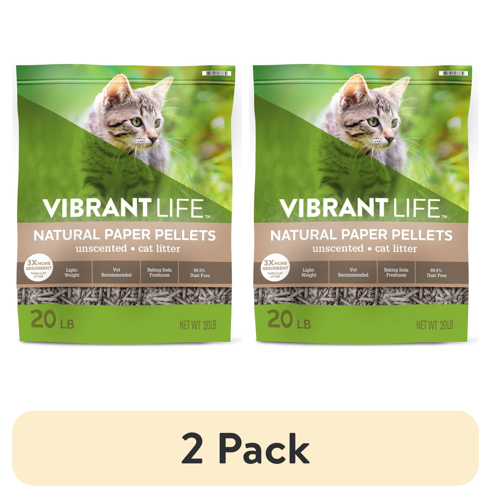 (2 pack) Vibrant Life Paper Pellets Cat Litter, Unscented, 20 lb