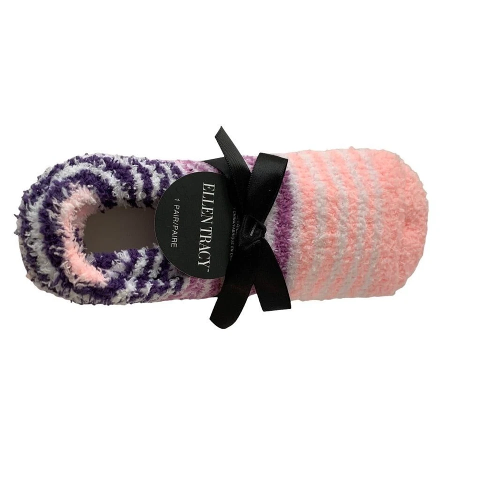 9-11 Ellen Tracy Nuevo Par Calcetines Difusos Agarre Parte Inferior Rosa Púrpura Rayas Foto 3 de 4