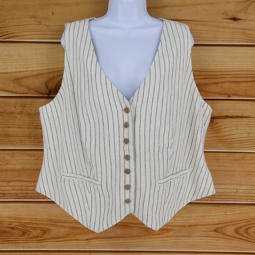 A New Day Linen Button Up Vest Womens XXL White Striped Cropped All Seasons NWT