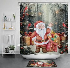 Winter Snowy Forest Cardinal Santa Claus Shower Curtain Set for Bathroom Decor