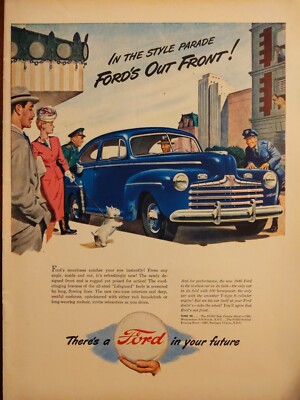 1946 vintage Ford automobile print ad, Fords out front Blue vehicle 