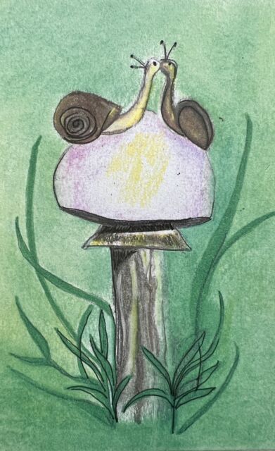 Original art. Snails. Kiss. Mushroom. Sweet little image.