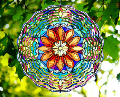 10'' Colorful Flowers Stained Glass Wind Spinner Yard 3D Decor Aluminum rws-185