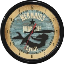 12.25 " Mermaids Drink Free Personalized Wall Clock Nautical Tropical Coast 0724