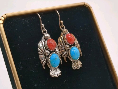 Southwestern Signed BBJ 925 Sterling Turquoise Coral 1.5" Dangle Drop Earrings - Picture 3 of 9