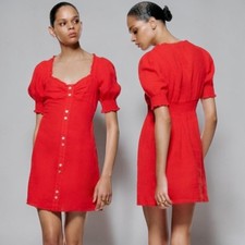 Zara Red 100% Linen Puff Sleeve Mini Dress Size M Cottagecore Milkmaid Coquette