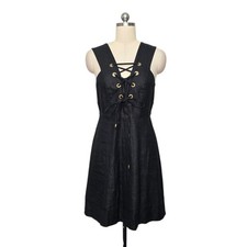 J.Crew Black 100% Linen Lace Up Grommet V-Neck Fit & Flare Dress Size 4