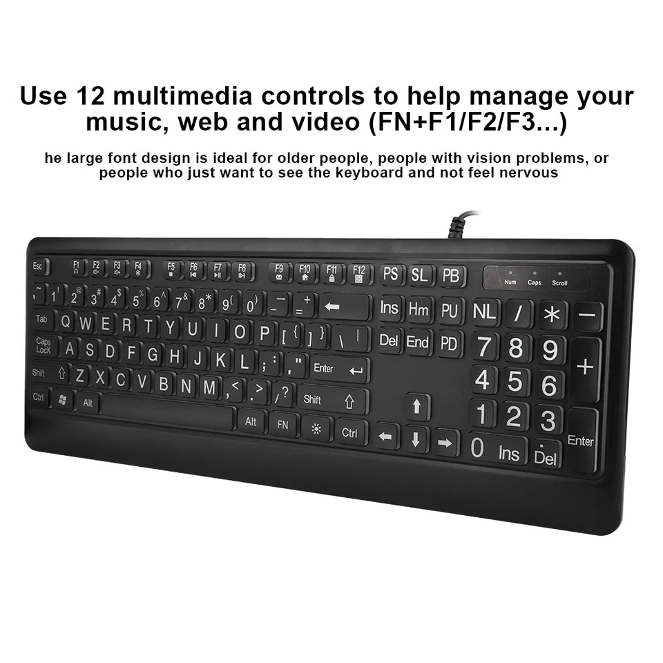 Ergonomic USB Interface Multimedia LED White Backlight Keyboard For Old Man - Image 2 of 4