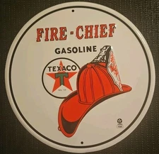 Texaco Fire-Chief Gasoline ROUND TIN SIGN Metal Garage Station Gas and Oil Ad 
