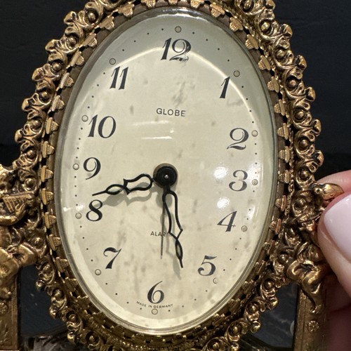 VTG Globe Brass Mantel Clock Ornate Gold Germany Alarm Cherubs Works -For Parts - Picture 2 of 9