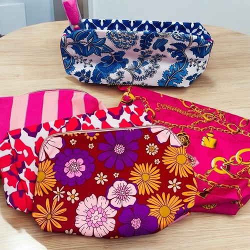 Estee Lauder 5 Printed Cosmetic Makeup Bags Pink Blue Floral Zipper Stripes