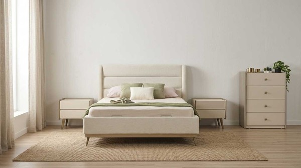 Schlafzimmer Set Beige Modern Luxus Bett Nachttisch Schublade-image