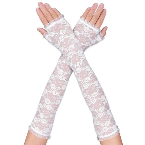 Lusofie Long Lace Gloves Formal Fingerless Women Bridal Lace Floral White