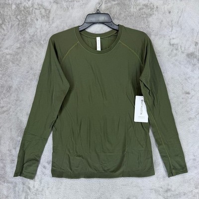 Athleta Momentum Top Womens L Olive Green Seamless Long Sleeve Thumbholes NEW