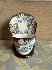 Vintage Rosina - Pansy Pattern Black Tea Cup and Saucer Set Bone China England