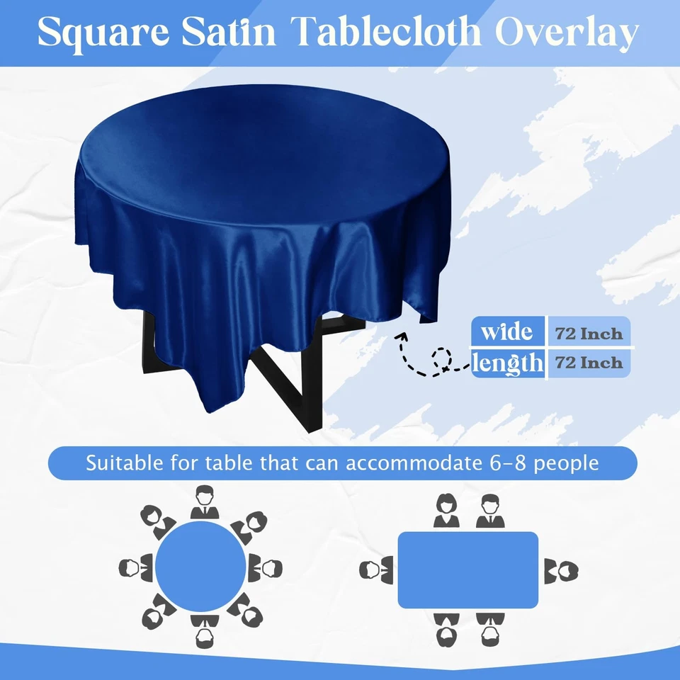 72 Inch Satin Square Tablecloth Overlay, 6 Pcs Royal Blue Square Tablecloth C... - Image 3 of 4