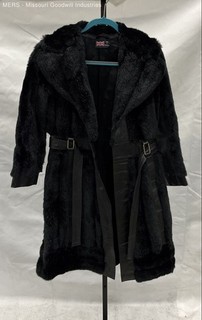 Vintage 90s Women's Black Fur Leather Belted Trench Coat Made in England