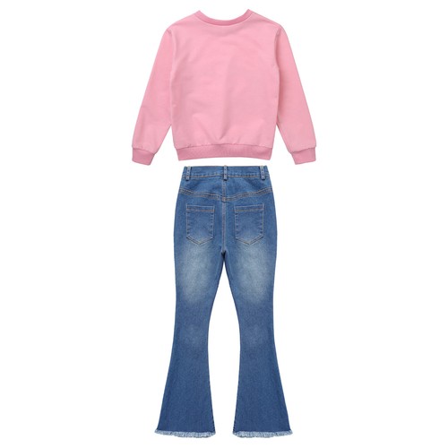 Long Sleeve Dance With Jeans Flare Denim Pants Sweatsuits Kids Holiday Girls - Picture 8 of 53