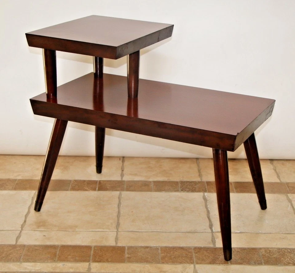 Atomic Era Mid Century Modern Brass Mahogany End Table two Tier Laminate Step  - Image 2 of 4