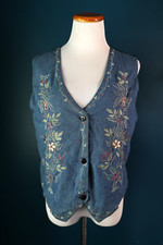 Vintage 90s Agapo Vest Blue Chambray Denim Embroidered Floral Cottagecore M