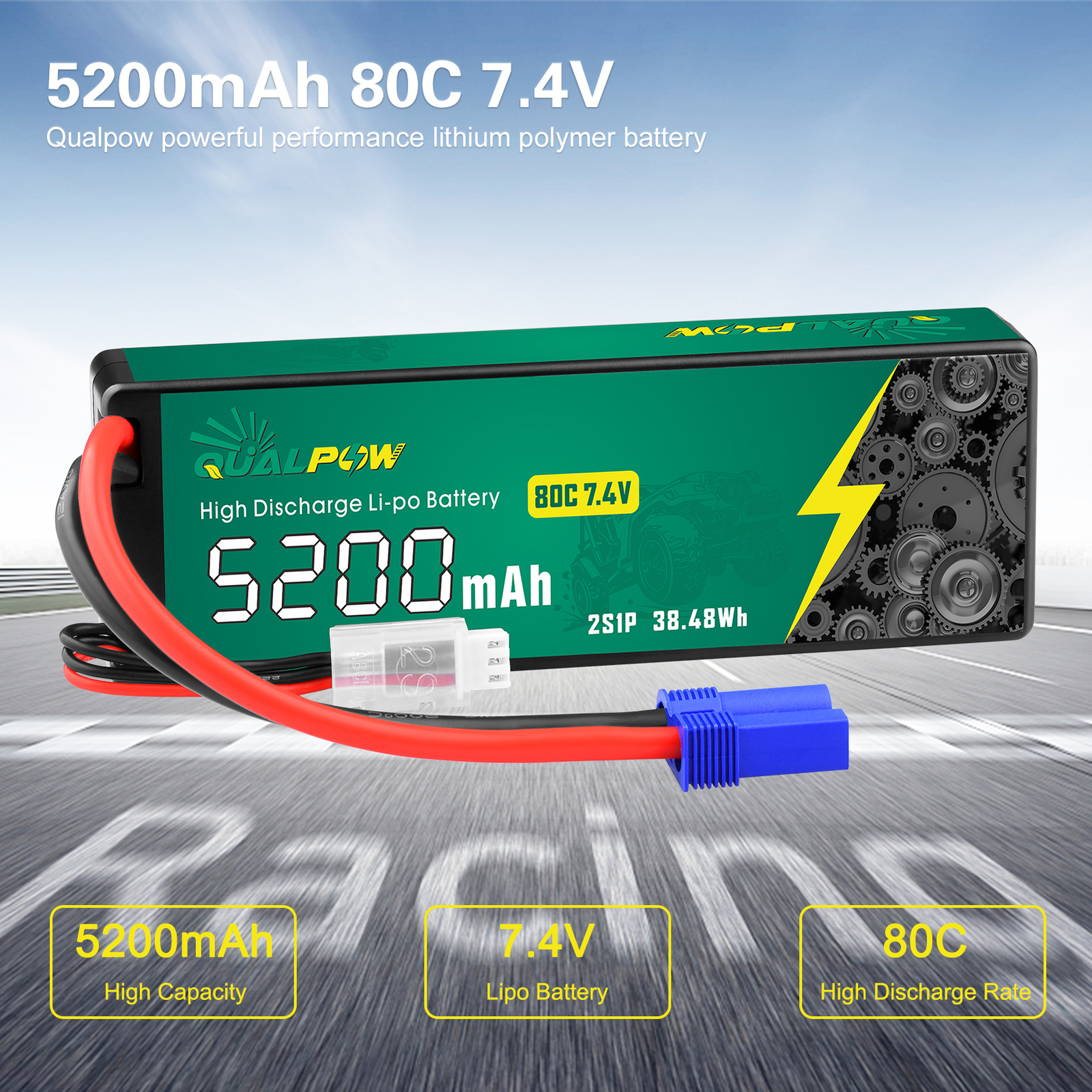 4pack 2S LiPo Battery 5200mAh 80C 7.4V EC5 Hardcase for RC Racing Car Truck Boat