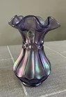 Fenton Flute & Dot Purple Violet Satin Iridescent Vase Signed Don Fenton 99