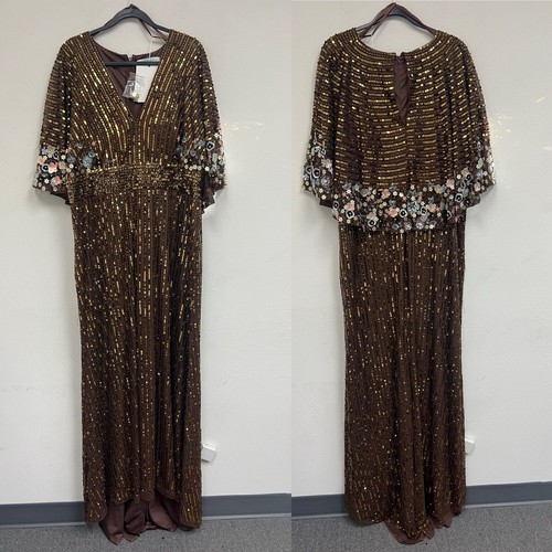 Mac Duggal Size 20 Sequin Vneck Floral Beaded Cape Sleeve 5221 Chocolate Dress - Picture 3 of 13