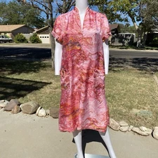 60s acid trip pink psychedelic marble satin house dress dbl pockets size L hippy