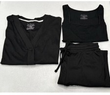 Live 2 Lounge Women's 3-Piece Cardigan Tand and Pant Lounge Set, Black, S