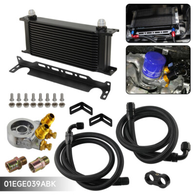 Universal 16 Row Oil Cooler+AN10 Oil Adapter w/Thermostat +Braided Hose Line Kit